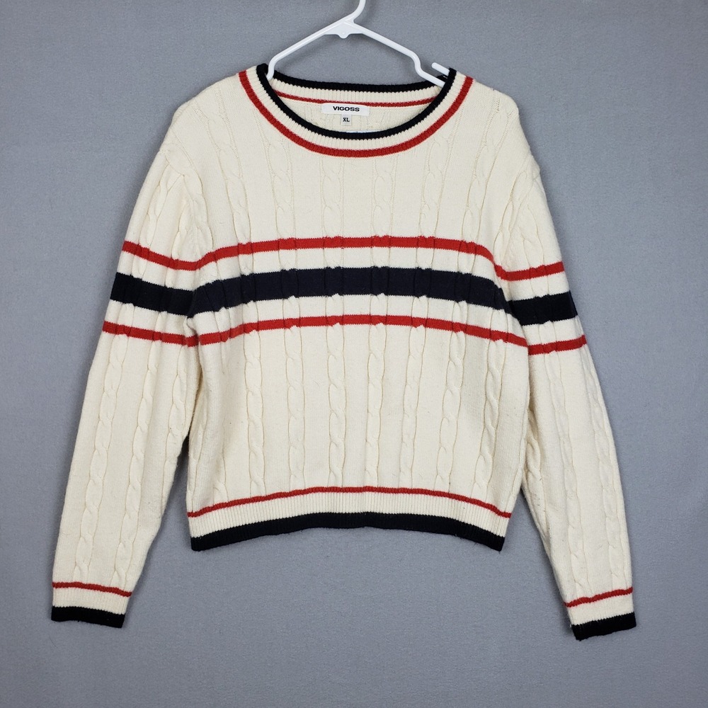 Viggos Size XL Retro‎ Stripe Cable Knit Sweater Cream Red Blue Varsity Preppy